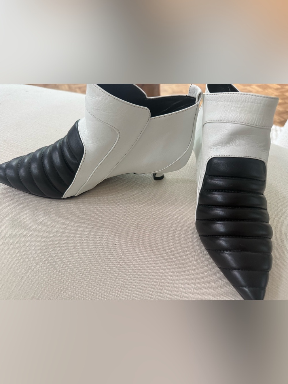 Two-Tone Black & White Quilted Pointed Ankle Booties